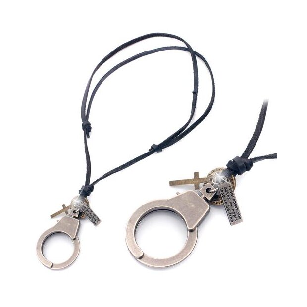 Real leather necklace with handcufff pendant, black