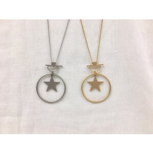 Long necklace with star and circular pendant, length 80cm