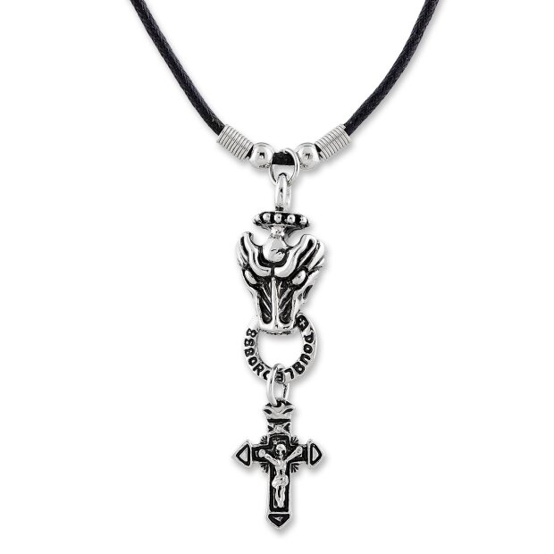 Leather necklace with cross and dragon head pendant for men and women, length 55cm, lobster clasp