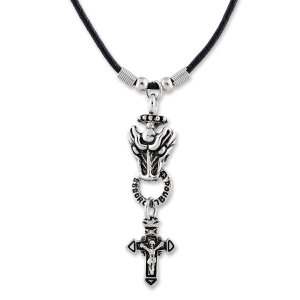 Leather necklace with cross and dragon head pendant for...