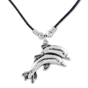 Leather necklace with two dolphins as a pendant for men...