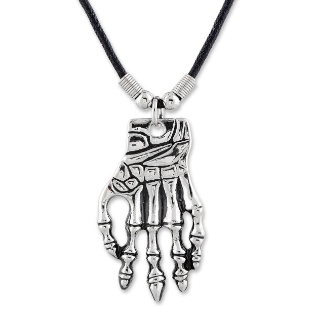 Leather necklace with a skeleton hand as a pendant for men and women, length 45cm, lobster clasp