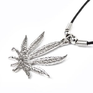 Leather necklace with a hemp leaf pendant for men and women, length 45cm, lobster clasp