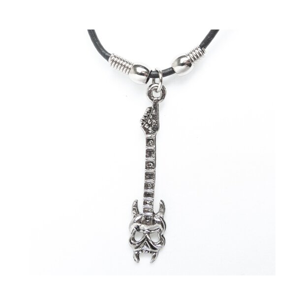 Leather necklace with an electric guitar with a devils head pendant for men and women, length 45cm, lobster clasp