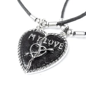Leather necklace set (2)  with split heart pendant &quot;my&quot;and&quot;Love&quot; for men and women, length 45cm, lobster clasp