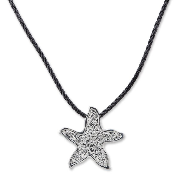 Leather necklace with starfish pendant with rhinestones  for women and men, length 45cm, lobster clasp