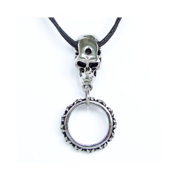 Leather necklace with dead skull and floral decorated ring pendant for women and men, length 45cm, lobster clasp