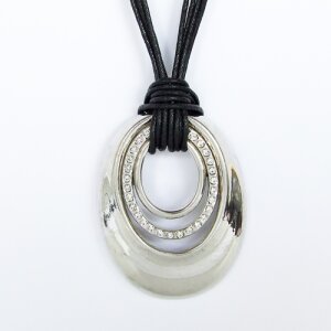 Leather necklace with an abstract oval and crystals...