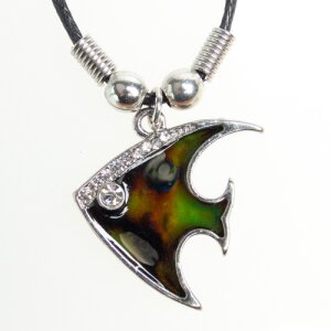 Mood necklace with rhinestone-studded fish pendant,...