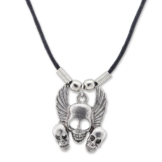 Leather necklace with Skull and wings pendant for women and men, SR-20530,  length 45cm, lobster clasp