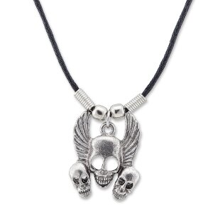 Leather necklace with Skull and wings pendant for women...