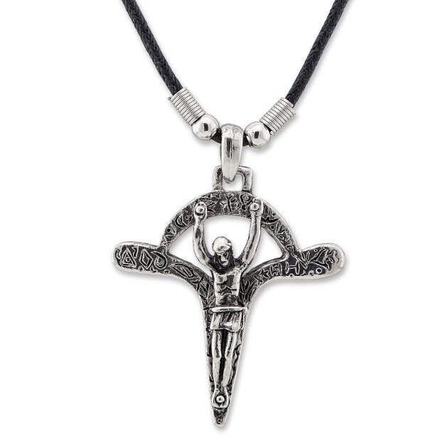 Leather necklace with Christian symbol Jesus on the crossl as pendant for women and men, SR-20541, length ca.45cm, lobster clasp