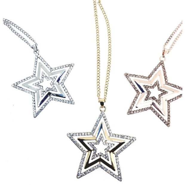 Necklace with 3 stars pendant with rhinestones, 70cm SR-20594
