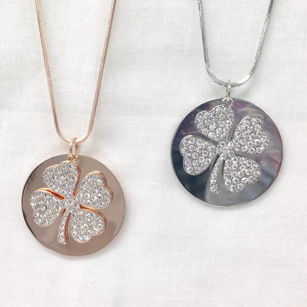 Necklace with circular pendant and shamrock with rhinestones, 70cm, SR-20605