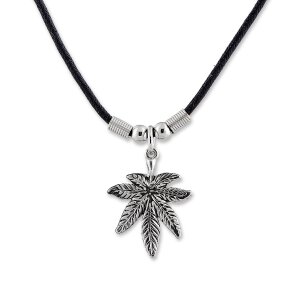 Leather necklace with an hemp leaf pendant for men and...