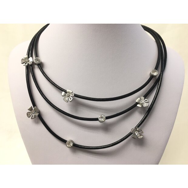 Necklace with several ribbons, flowers and rhinestones, length 45cm, SR-20665 black/silver