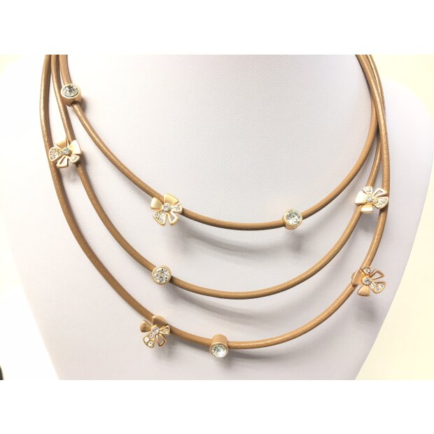 Necklace with several ribbons, flowers and rhinestones, length 45cm, SR-20665 brown/gold
