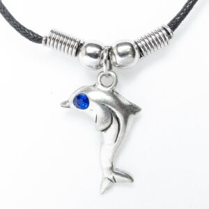 Leather necklace with an dolphin pendant with small blue...