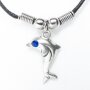 Leather necklace with an dolphin pendant with small blue rhinestone for men, women and children, length 50cm, lobster clasp