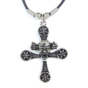Leather necklace with cross and scary head as pendant for...