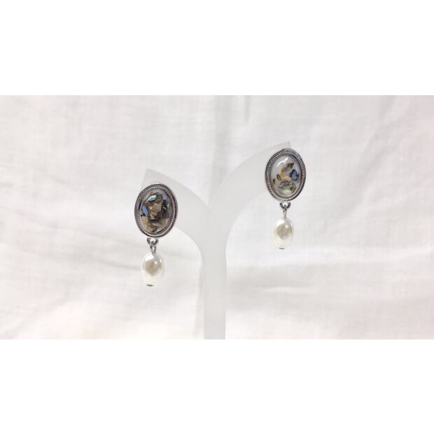 Earrings with stone pendant and artificial pearl , length 3 cm, SR-20713 silver