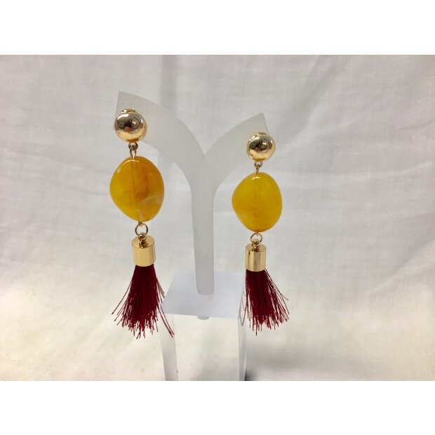 Earrings with gemstone and fringe pendant, length 8cm, SR-20716 gold/winered