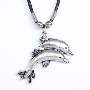 Leather necklace with two dolphins as pendant for men,...