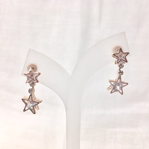 Ear studs with 2 stars and rhinestone, SR-20785 rose Gold