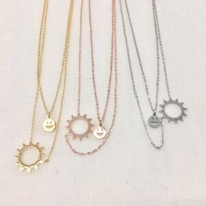 Stainless steel necklace with sun and smiley pendant