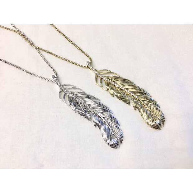 Necklace with rhinestone-studded feather pendant, length 70cm, SR-20847