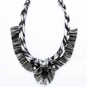 Chain with fabric sheath and fringes, with big rhinestone application,