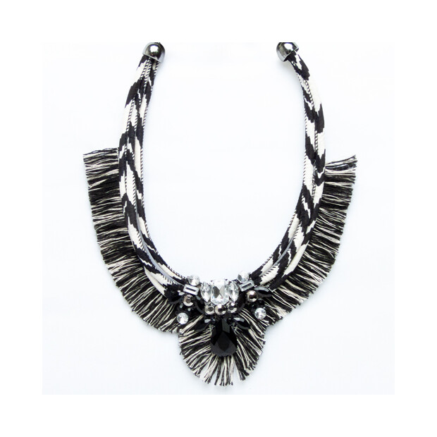 Chain with fabric sheath and fringes, with big rhinestone application, black
