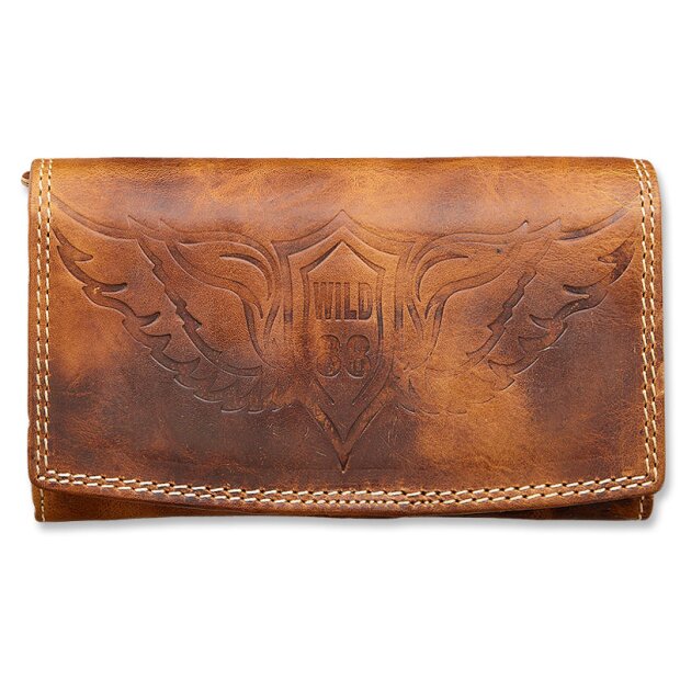 Real leather wallet with wings wild 88 motif, high quality, robust tan