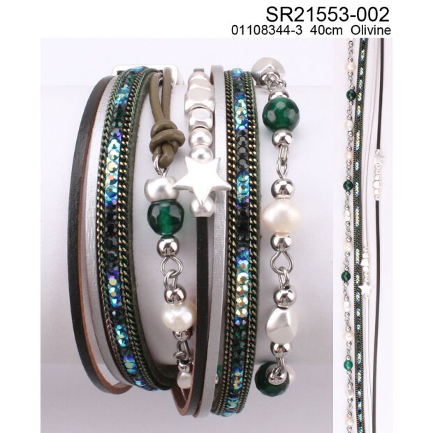 Wrap bracelet with gemstones 40 cm Rhodium/Olive