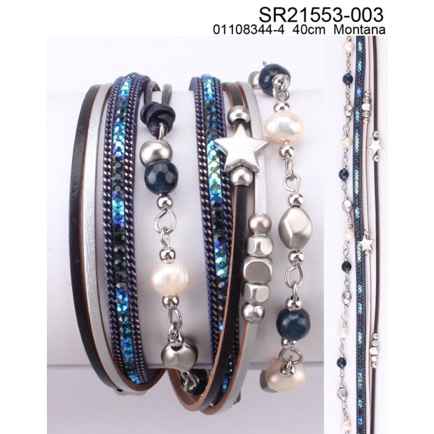 Wrap bracelet with gemstones 40 cm Rhodium/Darkblue