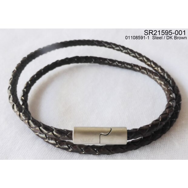 Leather bracelet with stainless steel clasp dark brown