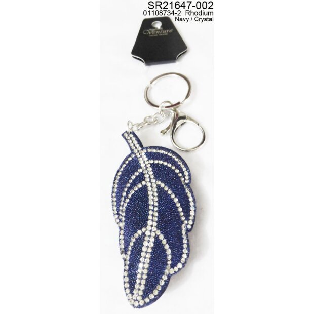 Keychain Leaf with rhinestones SIlver/Navy Blue