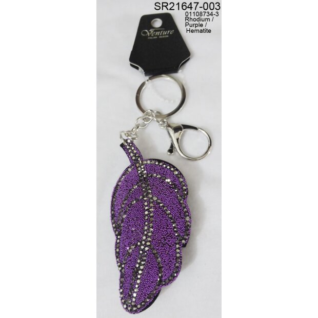 Keychain Leaf with rhinestones Silver/Black/Purple