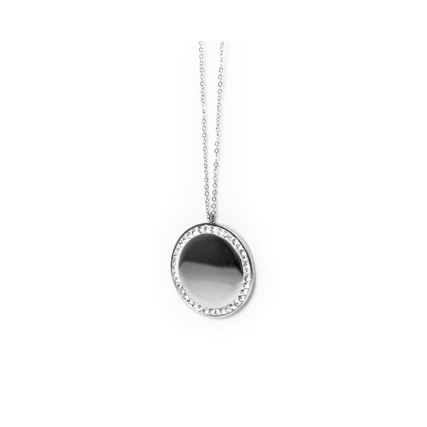 Stainless steel necklace with round pendant with crystal stones silver