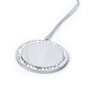 Stainless steel necklace with round pendant with crystal stones silver