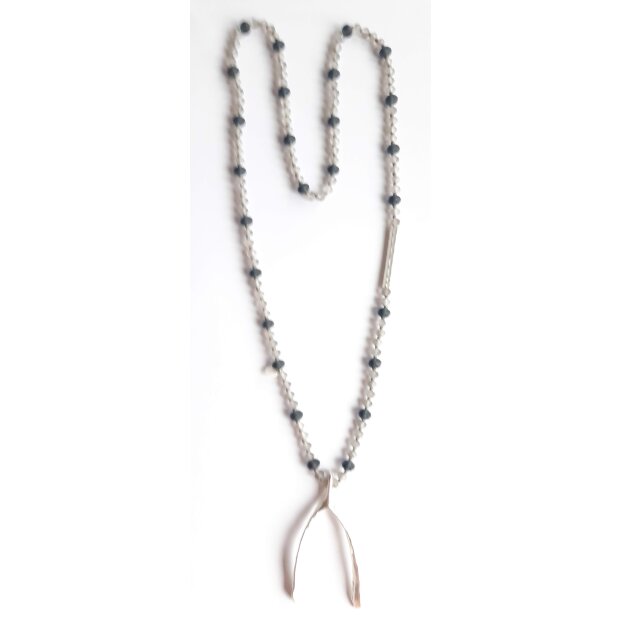 Long necklace with glass pearls and pendant, matt silver