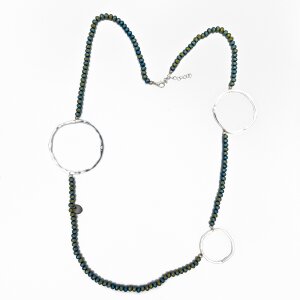 Long necklace with small, colourful beads and round pendants