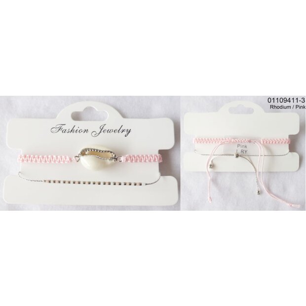 Adjustable shell bracelet set Rhodium / Pink