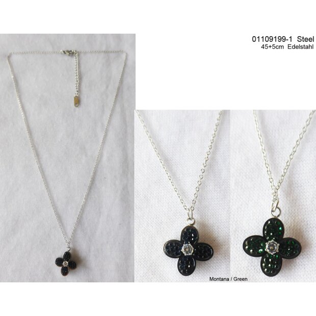 Stainless steel necklace with flower pendant 45+5 cm green