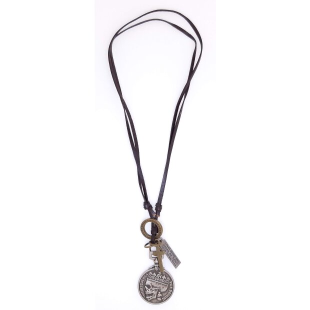 LReal leather necklace with skull medal brown