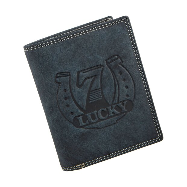 Wallet made from real leather with horseshoe-lucky 7 motif, navy blue