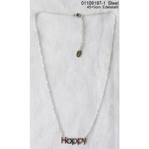 Stainless steel chain with (Happy) pendant 45+5 cm silver