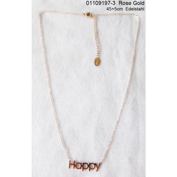 Stainless steel chain with (Happy) pendant 45+5 cm rose gold
