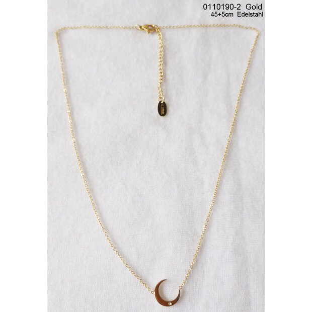Stainless steel necklace with moon pendantv with crystal stone gold