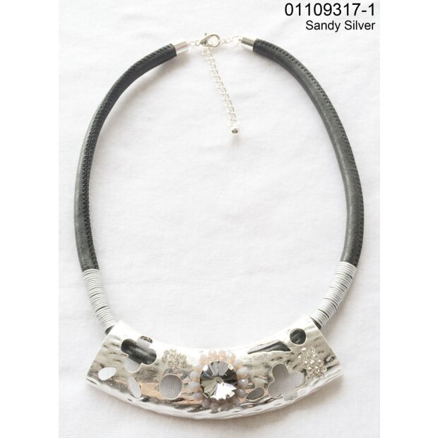 Fashionable Short Leather Cord Chain Sandy Silver